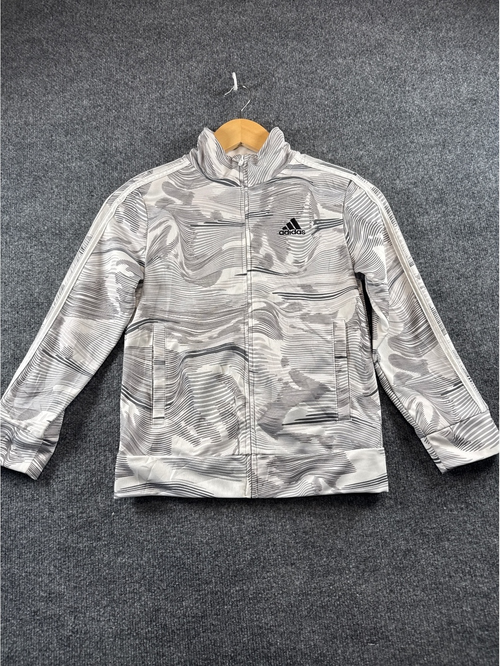 Adidas Track Jacket Youth Small 8 Gray Abstract Print Full Zip 3 Stripe Athletic